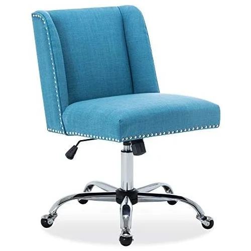 Modern Upholstered Linen Office Chair With Nailhead Trim, Armless Adjustable Height Swivel With Wheels, Stylish Farmhouse Computer Desk Seating - Blue