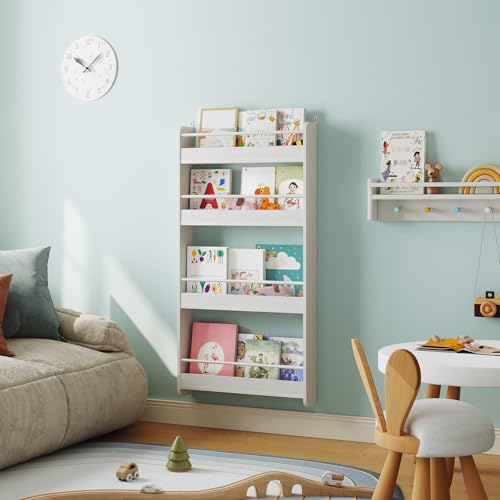 Kids Bookshelf, 4-Tier Wall Mount Bookshelf for Kids, Wooden Nursery Bookshelves, Hanging Book Shelf for Kids Room, Playroom, Bedroom, Living Room, White BKBW7601