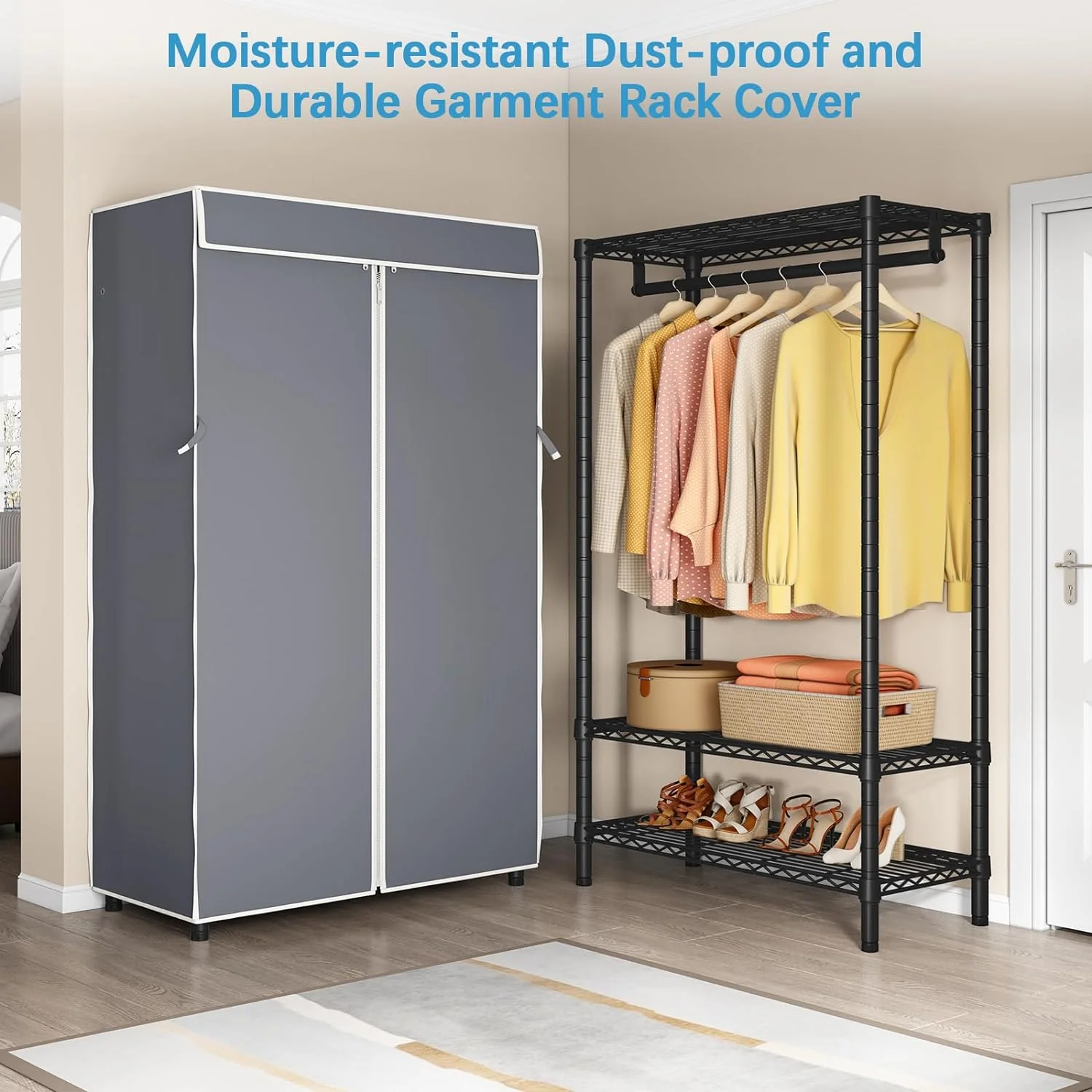 YOJFOTOOU. V1S 3 Tiers Heavy Duty Garment Racks for Hanging Clothes Portable Closet for Small Spaces Clothes Rack Free Standing Wardrobe, Black Clothing Rack with Grey Oxford Fabric Cover