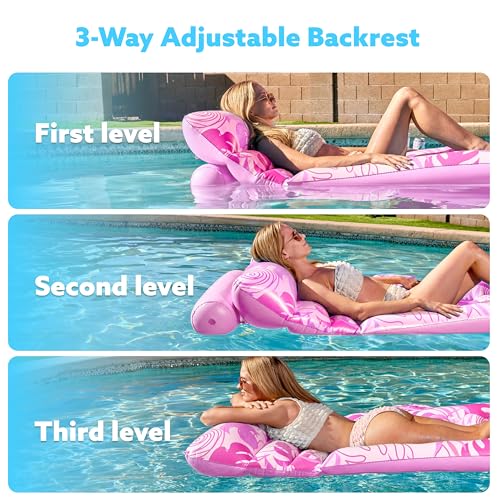 SLOOSH Adjustable Backrest Pool Floats - Tropical Leaves Pool Lounger Floaties Adults with Cup Holders, Inflatable Tanning Float Rafts Chair Beach Lake Lounge Floating Above Water Keep Cool (Blue)