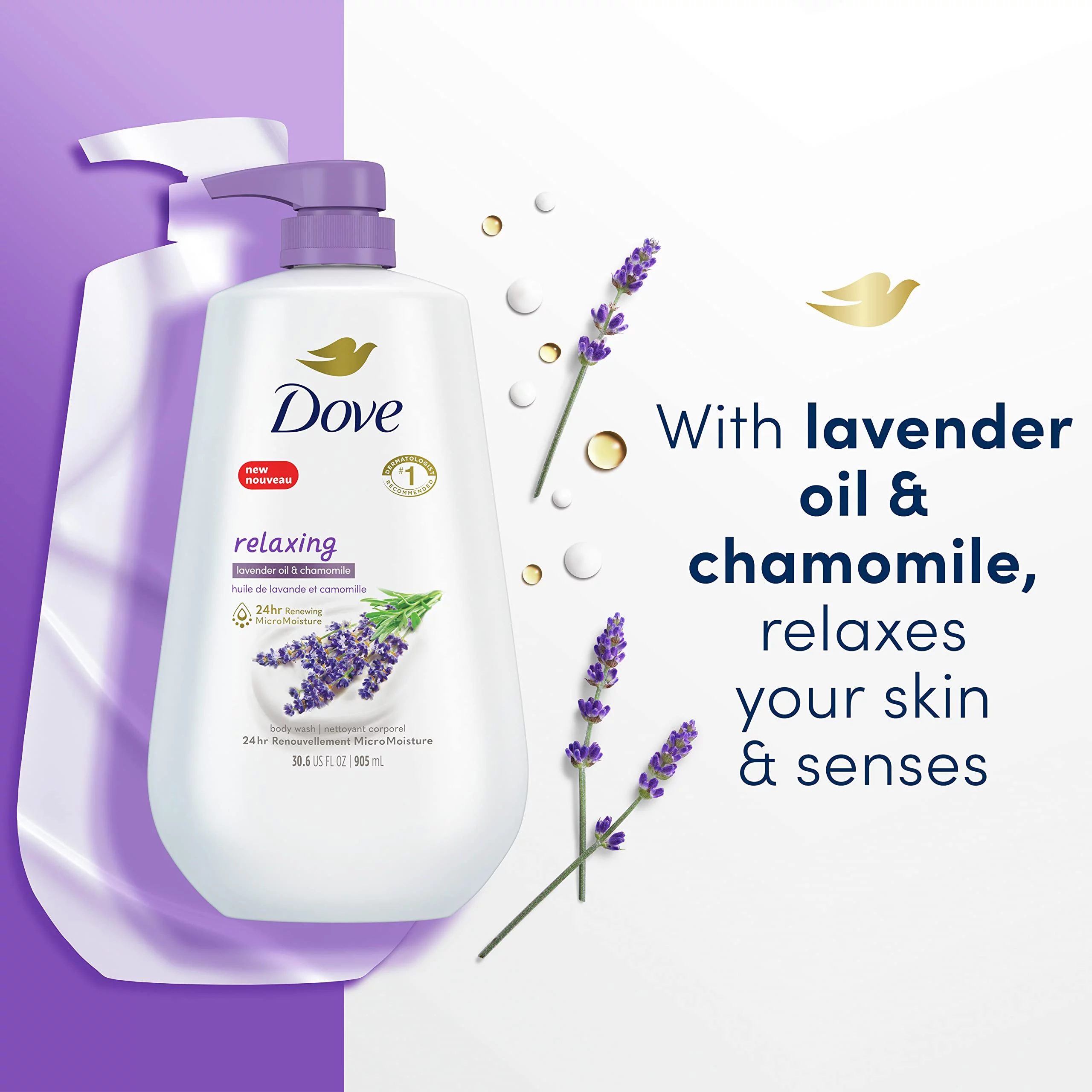 Dove Body Wash With Pump Relaxing Lavender Oil & Chamomile 3 Count For Renewed, Healthy-Looking Skin Gentle Skin Cleanser With 24Hr Renewing Micromoisture 30.6 Oz.
