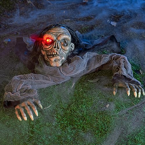 JOYIN Halloween Zombie Decorations Outdoor, Halloween Groundbreaker Outside Decor, Hanging Zombie Prop with Green Face and Lighted Eyes for Graveyard, Haunted House, Lawn, Yard, Indoor Decor