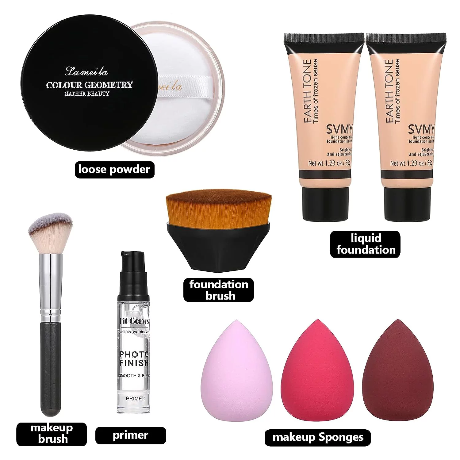 Foundation Liquid Full Coverage Matte Oil Control Concealer with Face Primer  and  Makeup Brush  and  Makeup Sponges