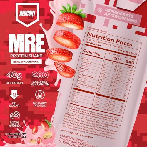 REDCON1 MRE Ready to Drink Protein Shakes, Cookies & Cream - Lactose + Whey Free RTD Protein Made with Real Whole Food Protein Blends - Keto-Friendly and Easy to Digest Nutritional Shake (12 Pack)
