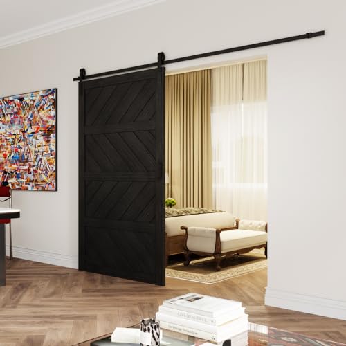 Sliding Barn Door 30”x84”, Black Barn Doors with Modern Paneled Wave Design, Complete Barn Door Set, Waterproof PVC Surface, Assembly Required for Bedroom, Living Room, Closet, or Bathroom