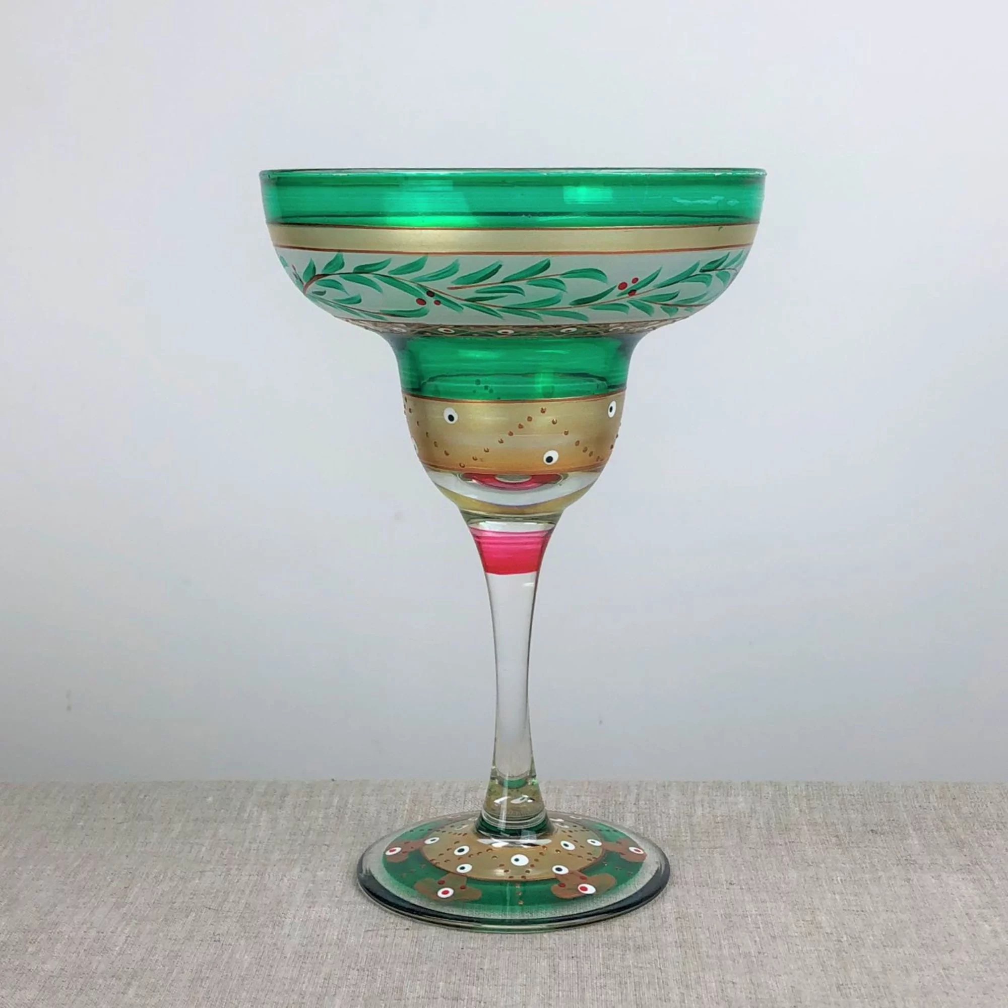 Crafted Creations Set of 2 Green Mosaic Christmas Garland Hand Painted Margarita Drinking Glasses 7