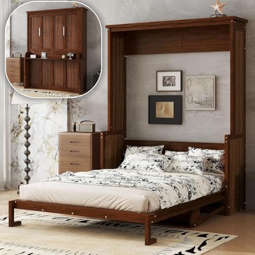 Murphy Bed Wall Bed with Desk, Wood Cabinet Murphy Bed, Space-Saving Hidden Wall Bed with Gas Struts, Walnut