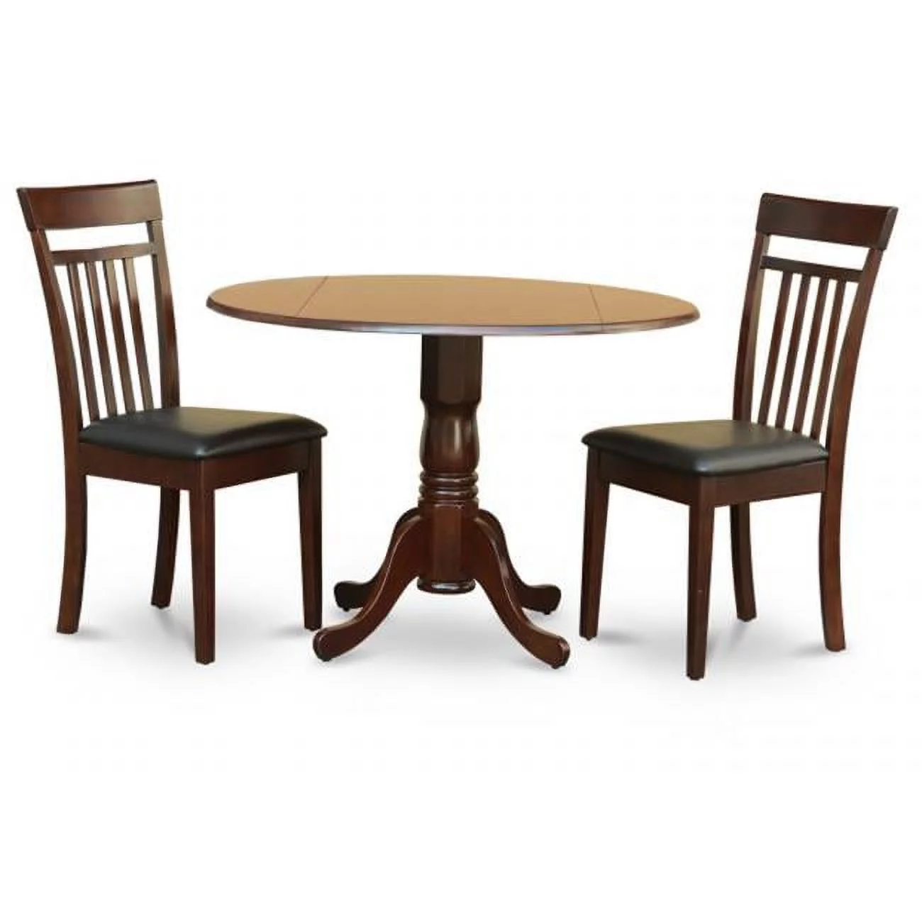 East West Furniture DLCA3-MAH-LC 3PC Kitchen Round Table with 2 Drop Leaves and 2 Slatted-back Chairs with Faux Leather Upholstered Seat