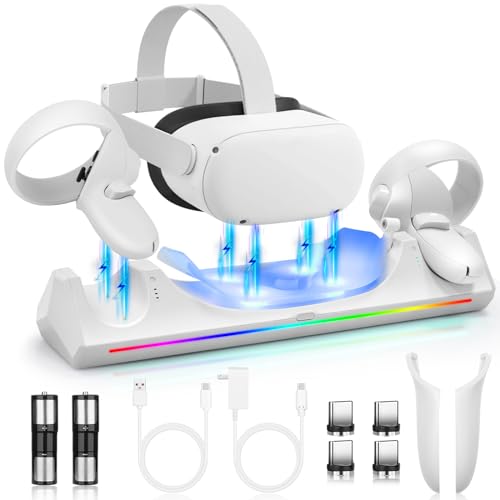 Hurra Charging Dock for Meta Quest 2, VR Charging Station for Oculus Quest 2 Support LED Indicator/Magnetic Charging Headset & Touch Controllers, with 2 Rechargeable Batteries, USB-C Charger & Cable