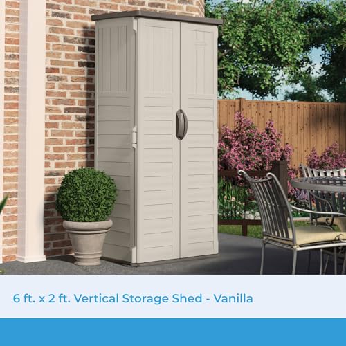 Suncast Vertical Outdoor Storage Shed with Reinforced Floor, Lockable Double Doors, All-Weather Construction, and Multi-Wall Panels, Vanilla, Made in the USA