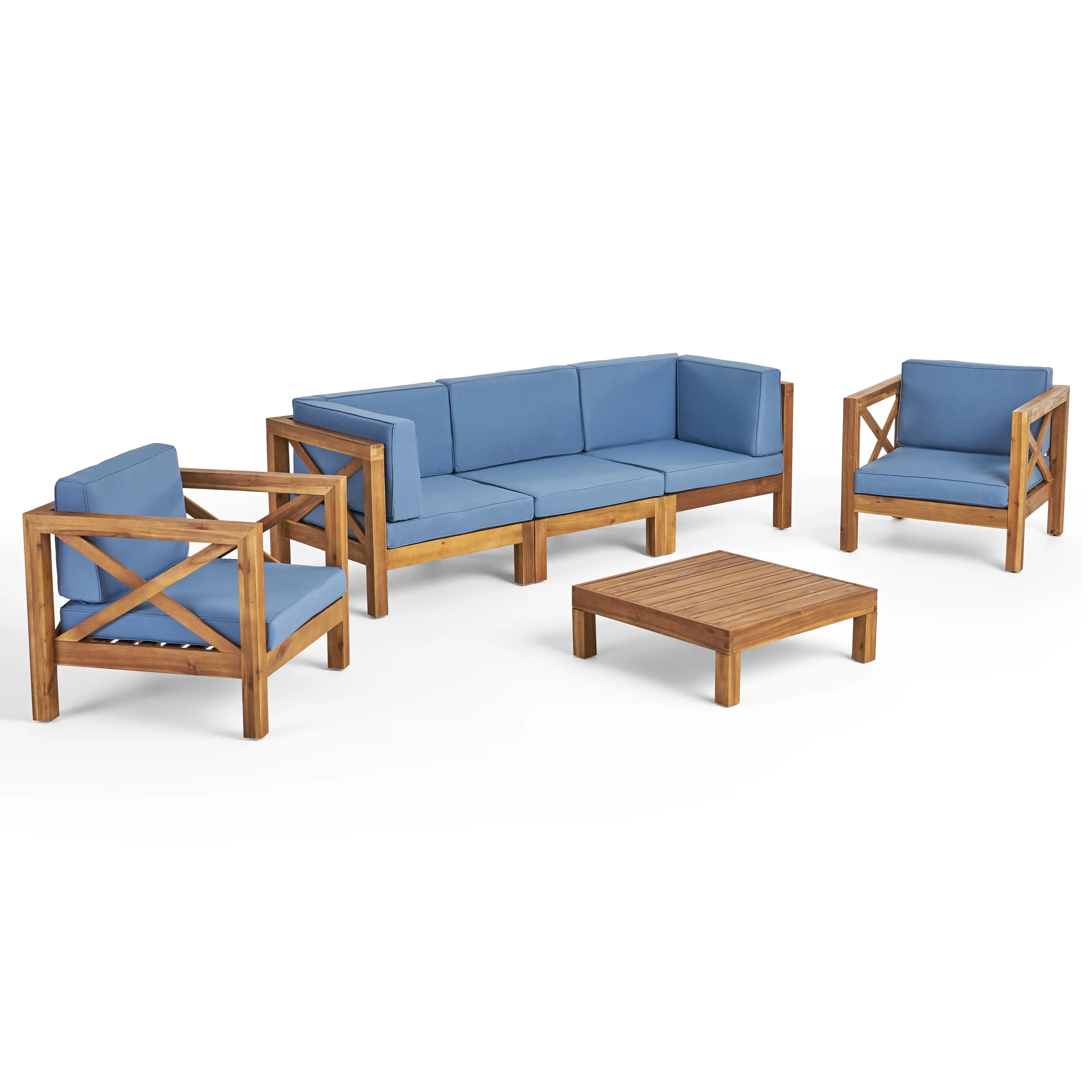 Elisha Outdoor 5 Seater Acacia Wood Sofa Chat Set, Teak and Blue