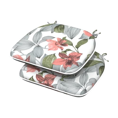 Indoor/Outdoor Chair Cushions 16x17 Inch, Patio Chair Cushions with Ties, All Weather Seat Cushions for Patio Furniture Home Garden Chair Use, Set of 4, Flower Blue