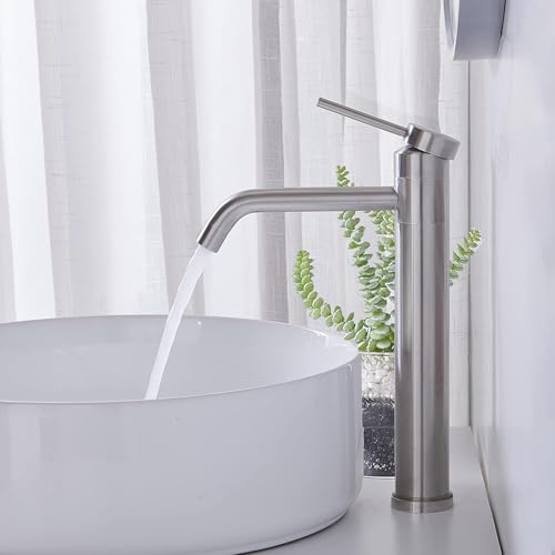 Hotis Vessel Sink Faucet Brushed Nickel, Tall Bathroom Faucet, Single Hole Mixer Spout 360 Swivel Stainless Steel, Bathroom Sink Faucets for Sink 1 Handle with Pop Up Drain