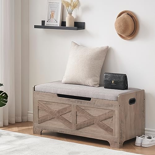 GAOMON Storage Chest, Storage Bench with Safety Hinge, Barn Style Storage Trunk, Wooden Entryway Bench, Shoe Bench, Large Storage Chest for Entryway, Bedroom, Living Room