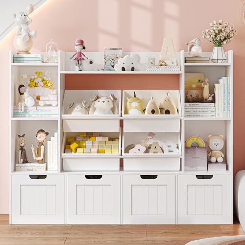 Toy Storage Organizer, Toy Organizer Kids Bookshelf with 4 Movable Drawers and 4 Box Bins, Playroom Organization and Storage for Kids Room, Living Room