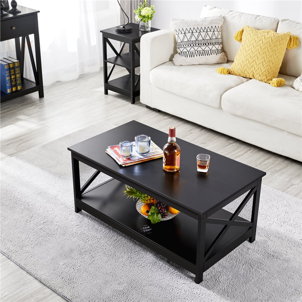 Modern Wooden X-Design Rectangle Coffee Table with Storage Shelf, Multiple Colors