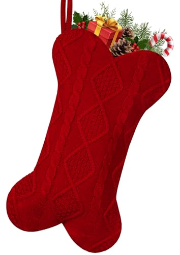 Dog Christmas Stocking, 18 Inch Large Double Side Knitted Christmas Stocking for Dogs, Bone Shaped Hanging Dog Stocking for Dogs Pets (White)