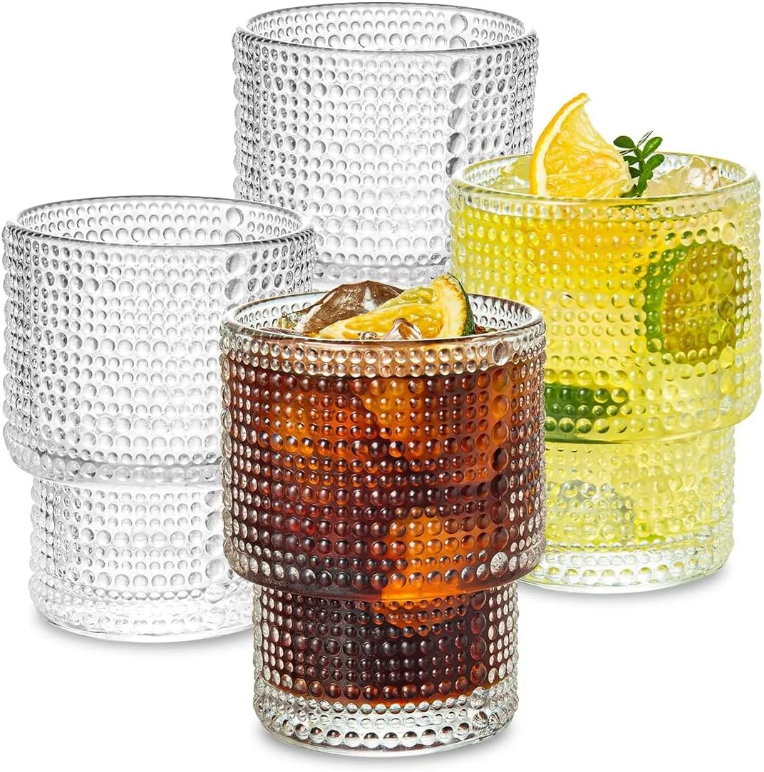 Glass Cups Vintage Glassware | Set of 4 Small, Raindrop Origami Style Transparent Cocktail Glasses Set, Beaded Detailing Pattern Ice Coffee Cup Juice Drinkware, Clear, 190ml (S)
