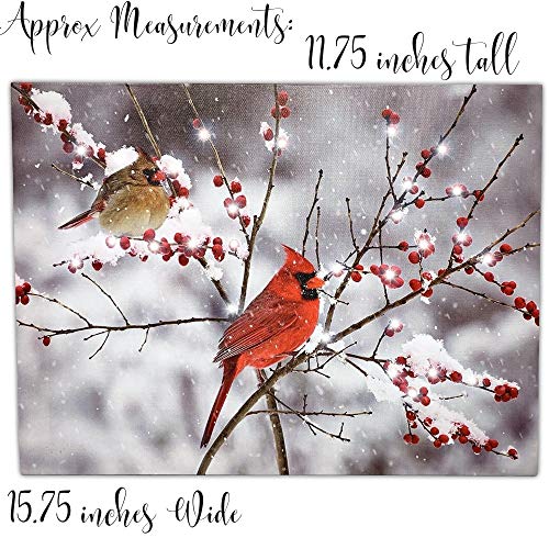 BANBERRY DESIGNS LED Cardinals Canvas Print Lighted Picture with Cardinal Couple and Holiday Berries