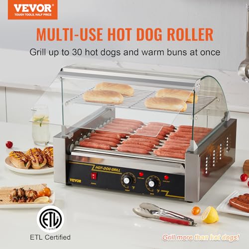 VEVOR Hot Dog Roller,5 Rollers 12 Hot Dog Capacity, 750W Stainless Steel Cook Warmer Machine with Dual Temp Control, LED Light and Detachable Drip Tray, Sausage Grill Cooker for Kitchen Restaurant