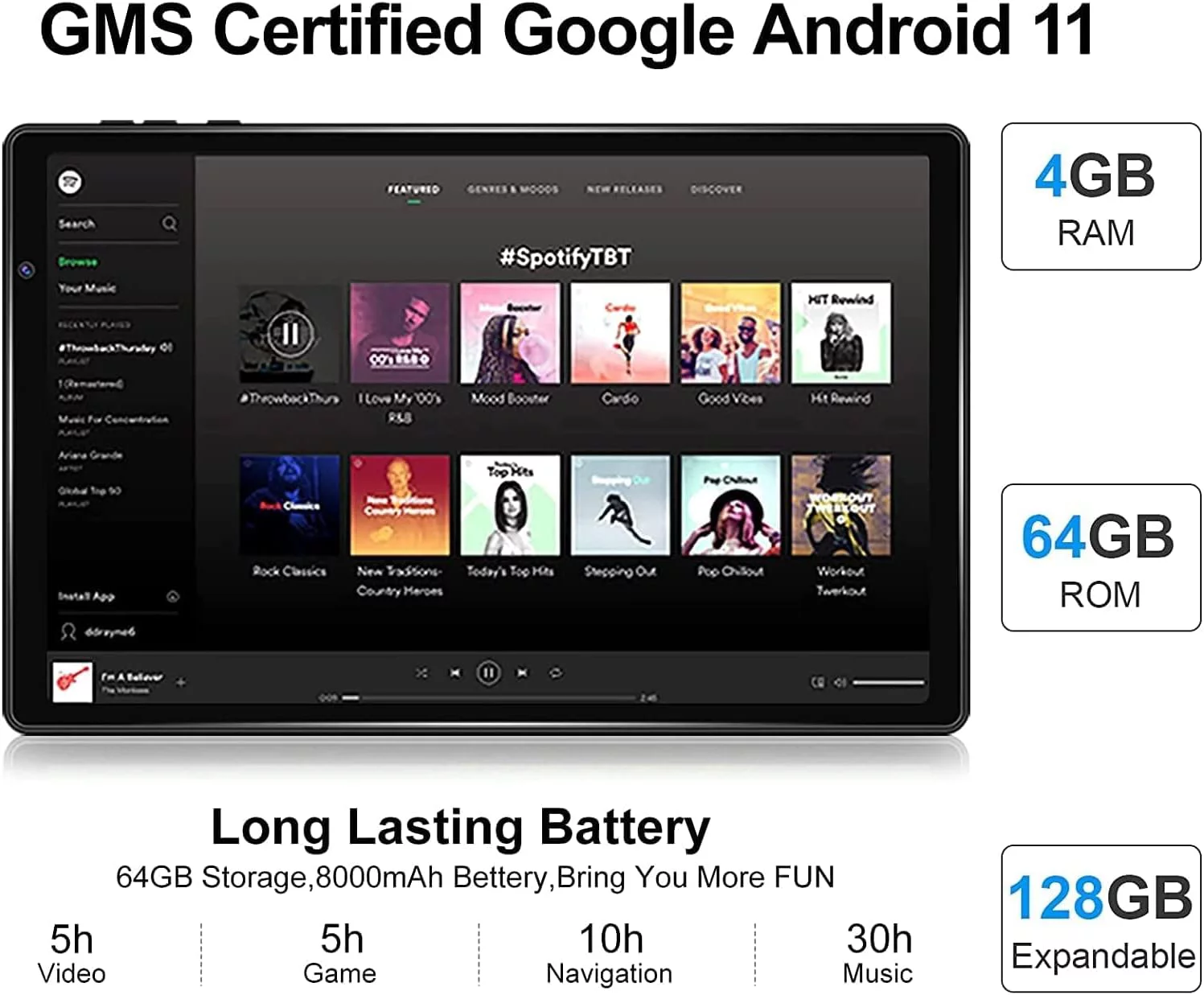 Tablet 10.1'' Tablet Android 11 with Keyboard+Mouse,5G+2.4G WiFi,4GB+64GB ROM(TF 512GB),Octa-Core,2.0GHz,8000mAh-Grey