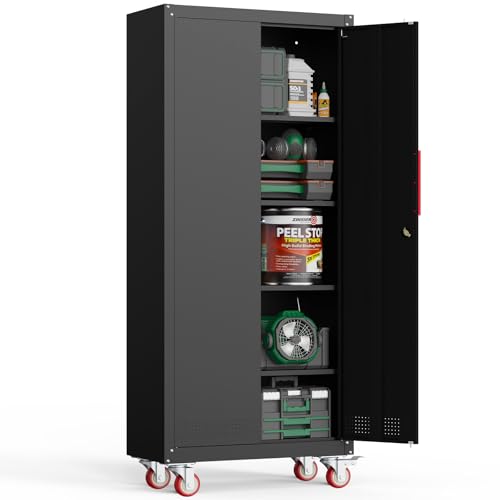 Metal Garage Storage Cabinet, Tall Garage Cabinets with 5 Adjustable Shelves, Steel Tool Storage Cabinet with Wheels,Lockable Heavy Duty Metal Cabinets for Home, Warehouse,Basement