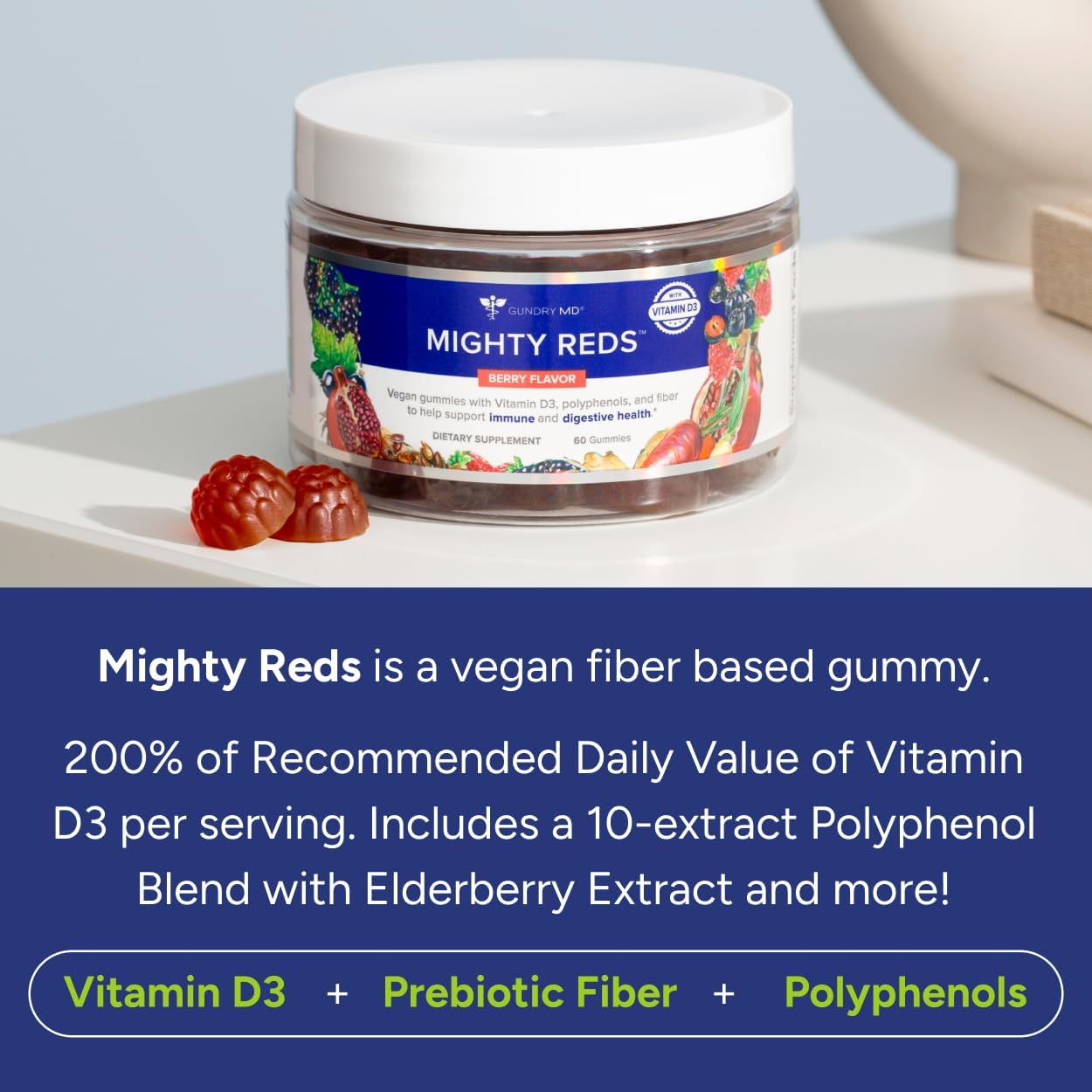 Gundry MD Mighty Reds Gummies, Gluten Free Soy Free Multivitamin Supplement Chews with Polyphenols, Antioxidants, Prebiotic Fiber, and Vitamin D - (30 Servings)