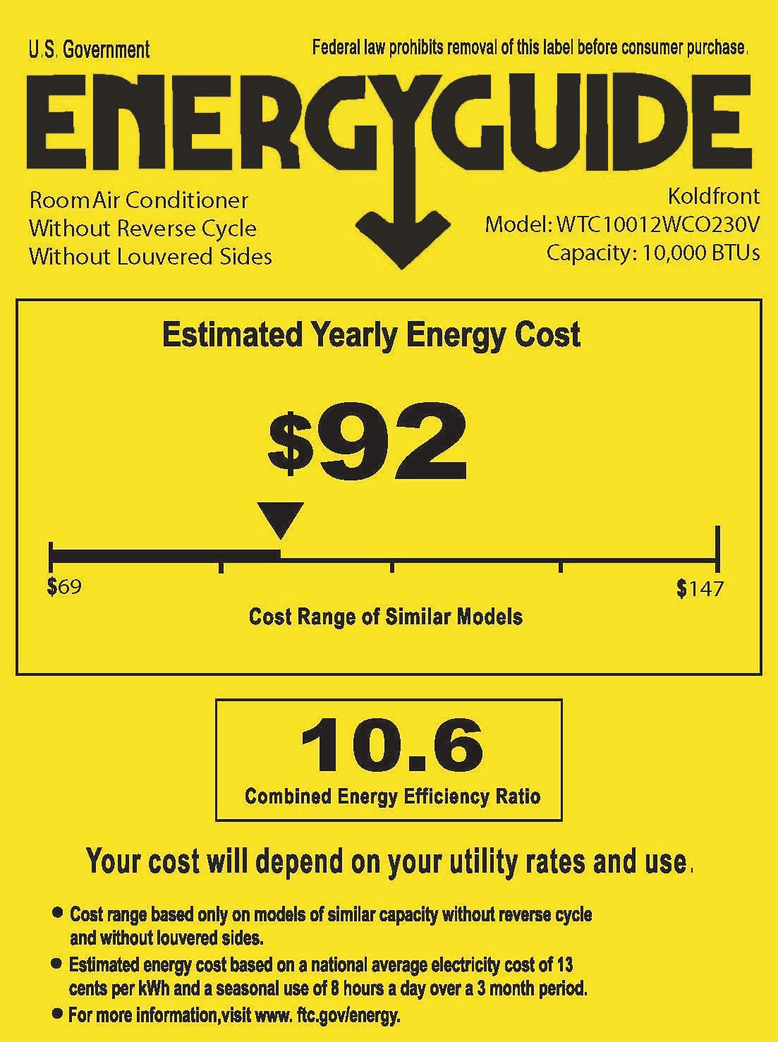 Koldfront Wtc10012wco230vslv 10,000 BTU 230 Volt Through-The-Wall Air Conditioner And Wall