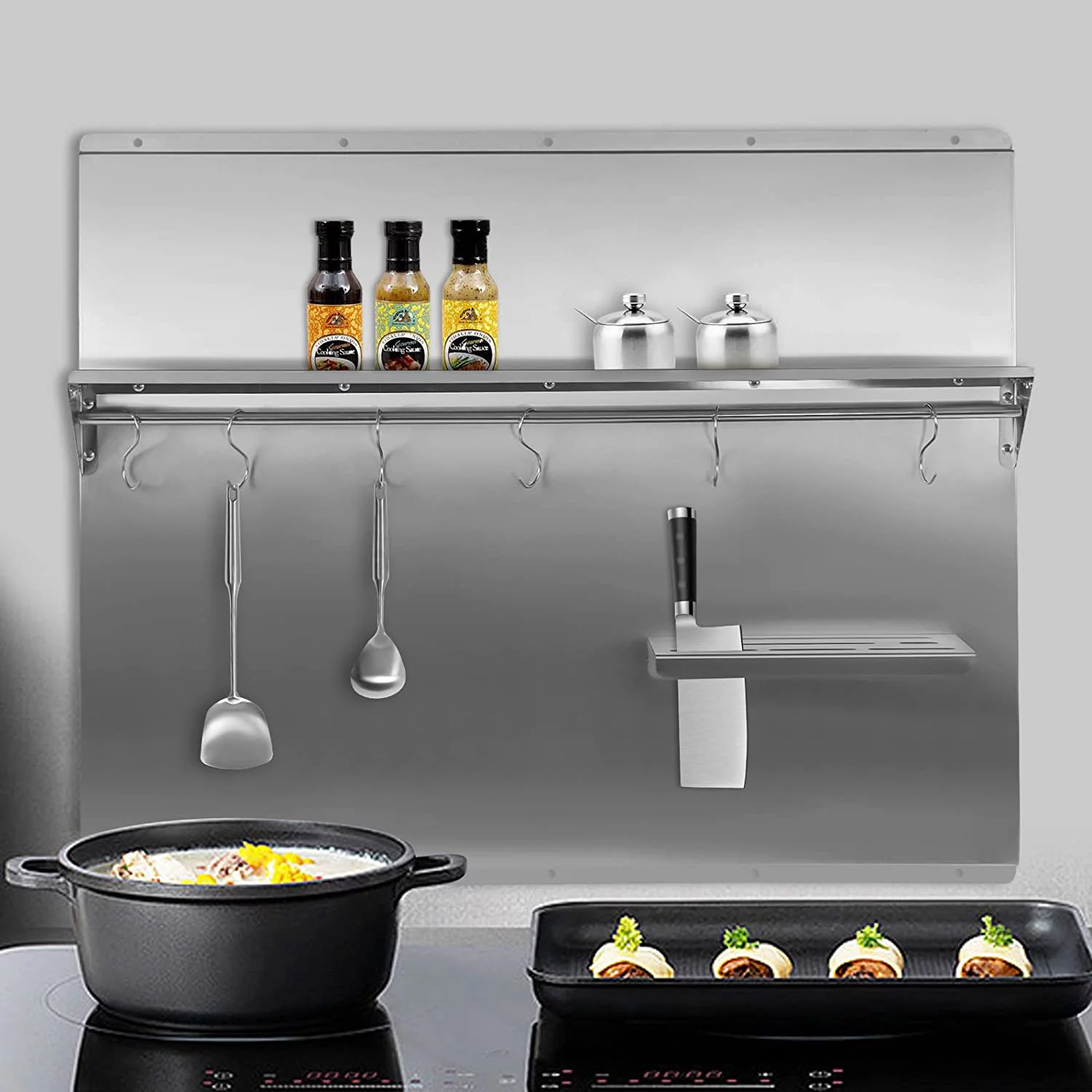 Miumaeov Stainless Steel Backsplash with Shelf, Stainless Steel Backsplash Silver Splash Plate for Range Hood Stainless Backsplash with Built-in Storage Shelf and Hanging Rack (36x 29.5 Inch)