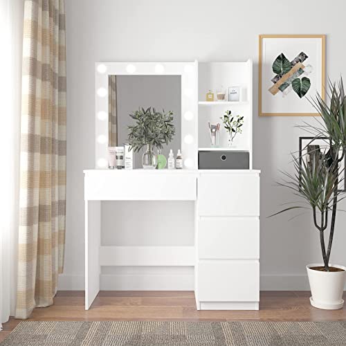 Vabches Makeup Vanity with Lights, 37inch Vanity Desk, 4 Large Drawers Dresser with Lighted Mirror, 3 Lighting Modes Brightness Adjustable, White