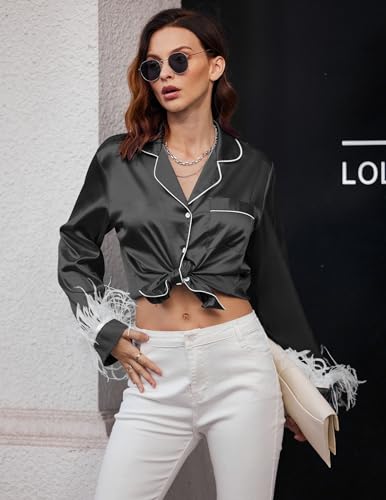 Ekouaer Women's Bridal Feather Trim Silk Satin Pajama Set Long Sleeve Lounge Sets Sleepwear (Removable Feather)
