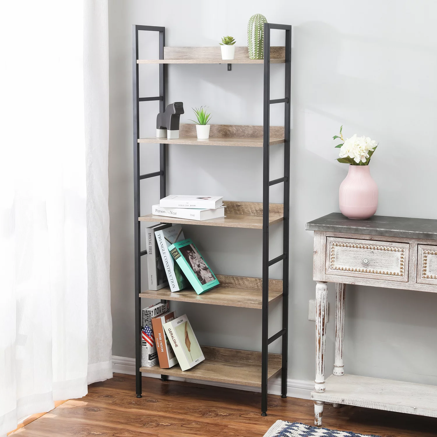 LuxenHome Brown Wood Metal Frame 5-Shelf Bookcase
