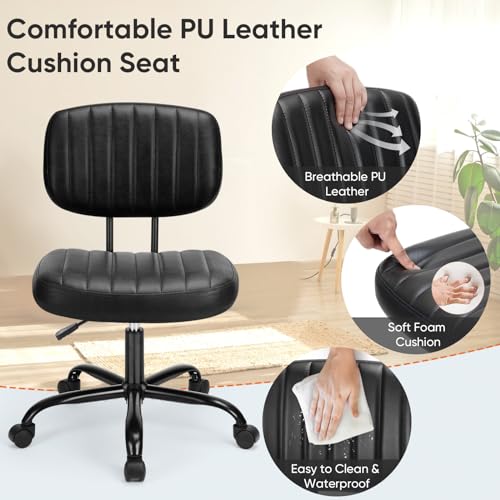 DUMOS Armless Small Home Office Desk Chair - Vanity Task Chair with Low Back, Height Adjustable PU Leather Swivel Computer Chair with 360° Rolling Wheels, Deep Brown