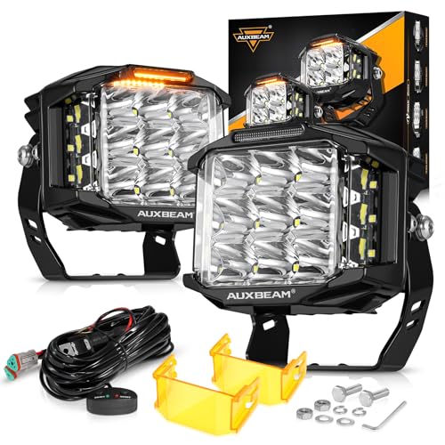 Auxbeam V-MAX Series 72W LED Pod Driving Lights, 4x2.5 Inch Rectangle Side Shooter Offroad Cube Spotlights with Amber DRL, 270° Combo Beam 6 Modes White/Amber/Yellow Auxiliary Lights with Covers