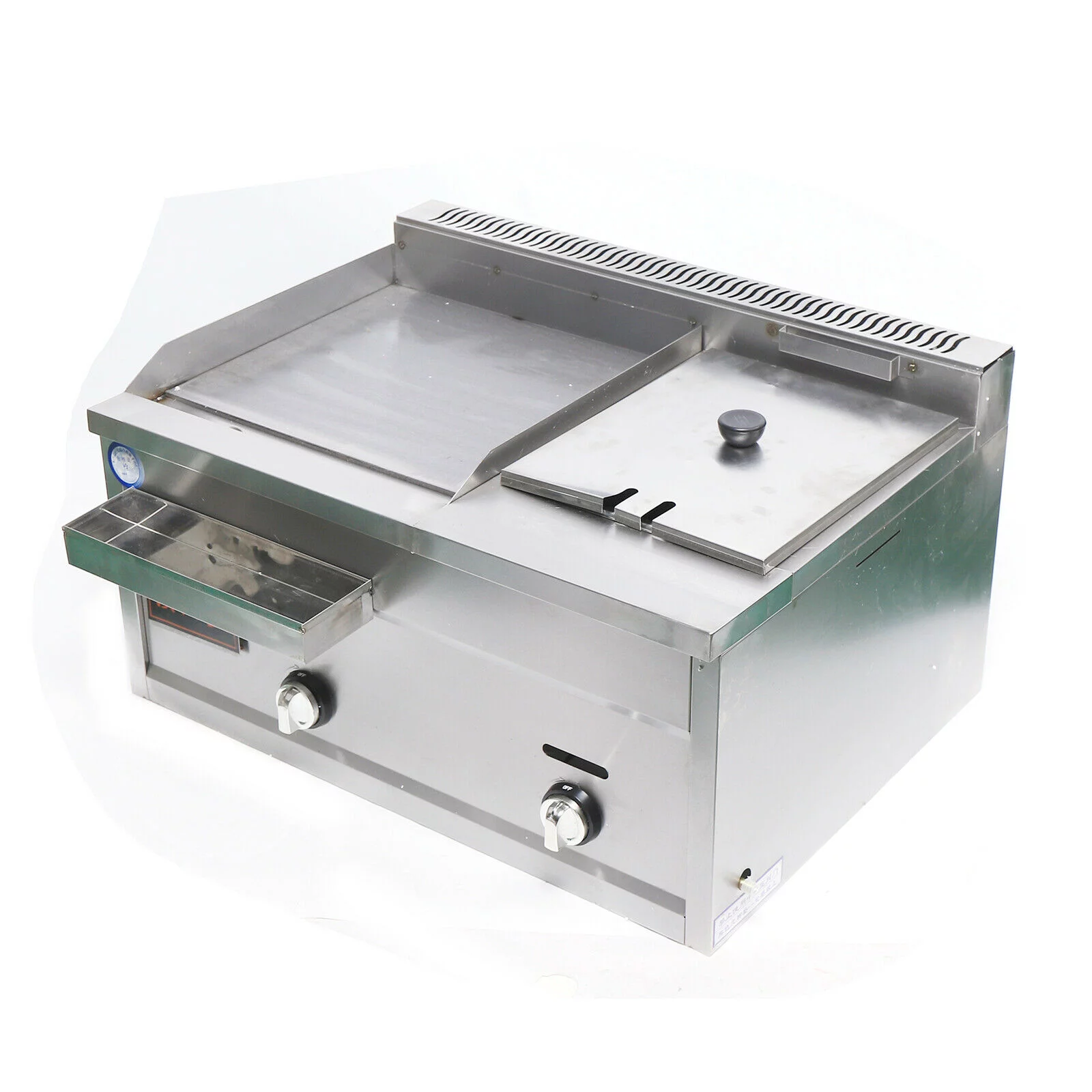 Mkyiongou Commercial Countertop 2-Burner Gas Griddle Flat Hotplate w/ Deep Fryer Combo