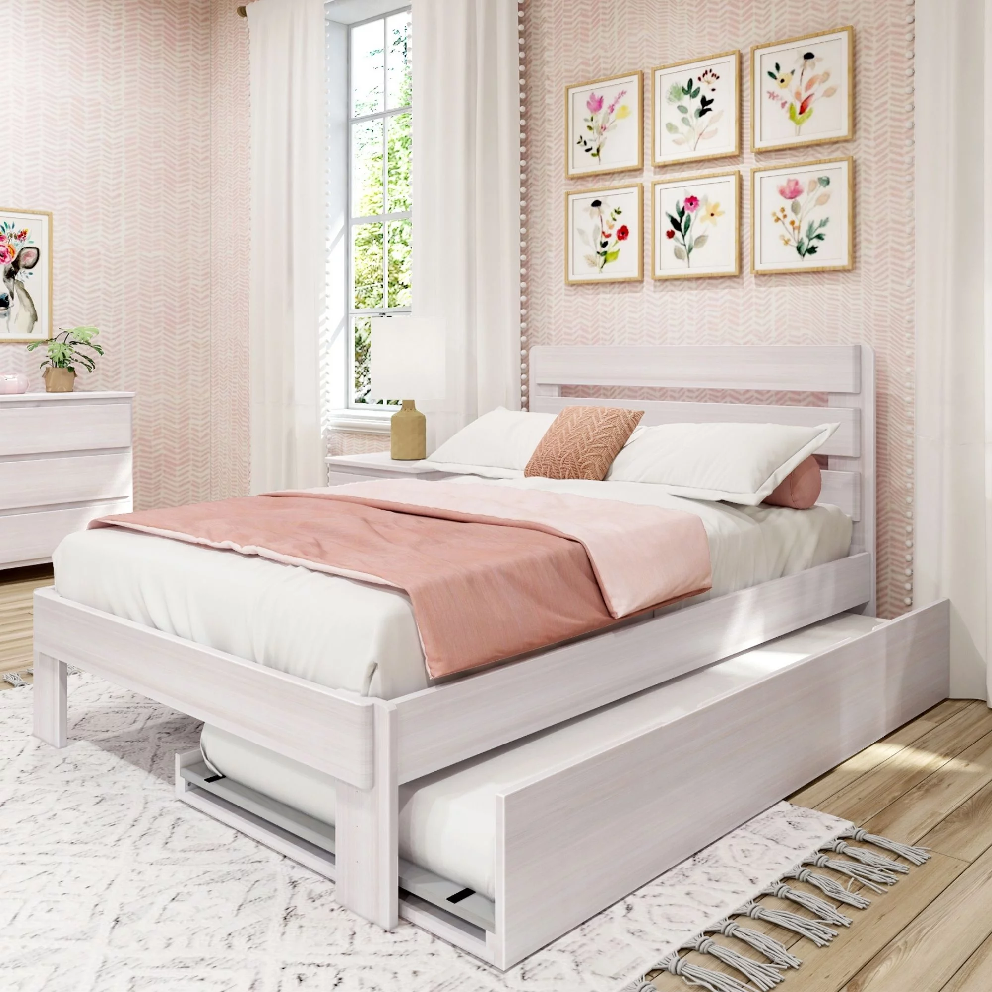 Max & Lily Full Size Bed Frame, Farmhouse Wood Platform Bed with Headboard and Trundle, White Wash
