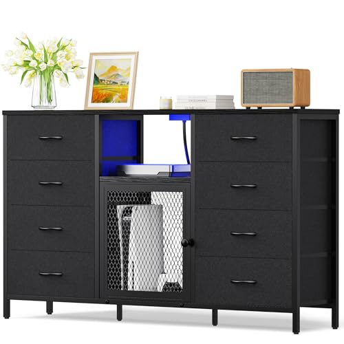 Dresser for Bedroom with LED Lights and Power Outlets, 8 Drawers TV Stand Dresser for 65 Inch TV, Fabric Chest of Drawers with Open Shelves, Black Dressers for Bedroom, Closet