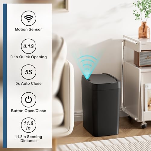 2 Pack 2.7 Gal Bathroom Trash Can with Lid, Automatic Trash Can Small Smart Garbage Can Touchless, Slim Motion Sensor Waterproof Plastic Trash Bins for Bedroom Office Kitchen Toilet