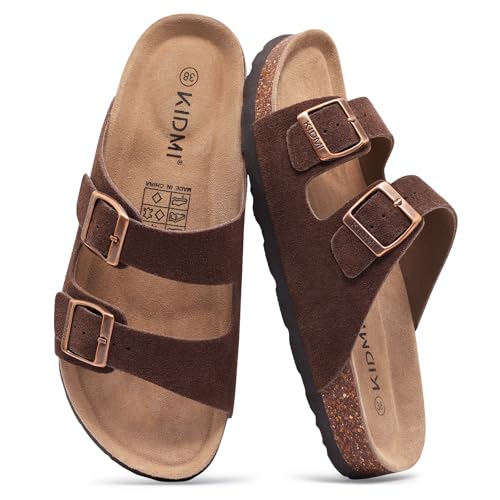 KIDMI Women's Genuine Suede Sandals Cork Footbed Summer Adjustable Slide Sandals