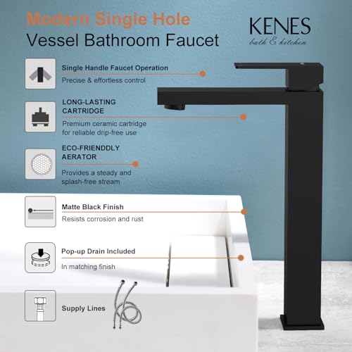 KENES Brushed Nickel Vessel Sink Facuet Single Handle Tall Bathroom Sink Faucet Vanity Bathroom Faucet Basin Mixer Tap with Water Supply Hose and Pop Up Sink Drain, LJ-9031A