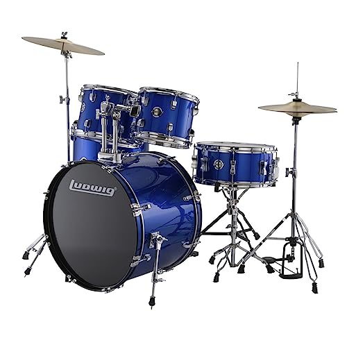 Ludwig Accent 5-piece Complete Drum Set - 22-inch Bass Drum and Cymbals, Blue Sparkle
