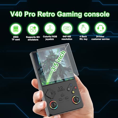 FVBADE 【40000 in 1 V40 MAX Handheld Game Console 4.0 inch IPS Screen Mini Retro Console 4000mAh Portable Pocket Arcade 45+ Mainstream Emulator 256G TF Card Transparent(Black)