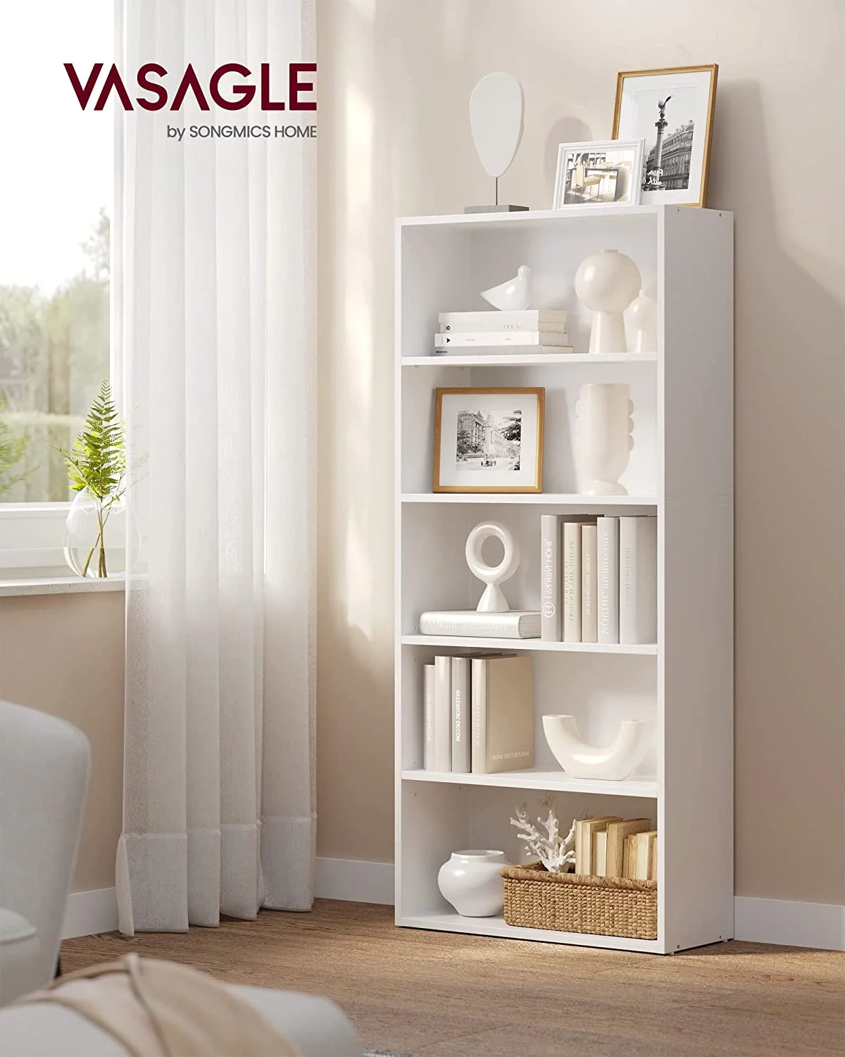 VASAGLE Bookshelf 5-Tier Open Bookcase with Adjustable Storage Shelves Floor Standing Unit White