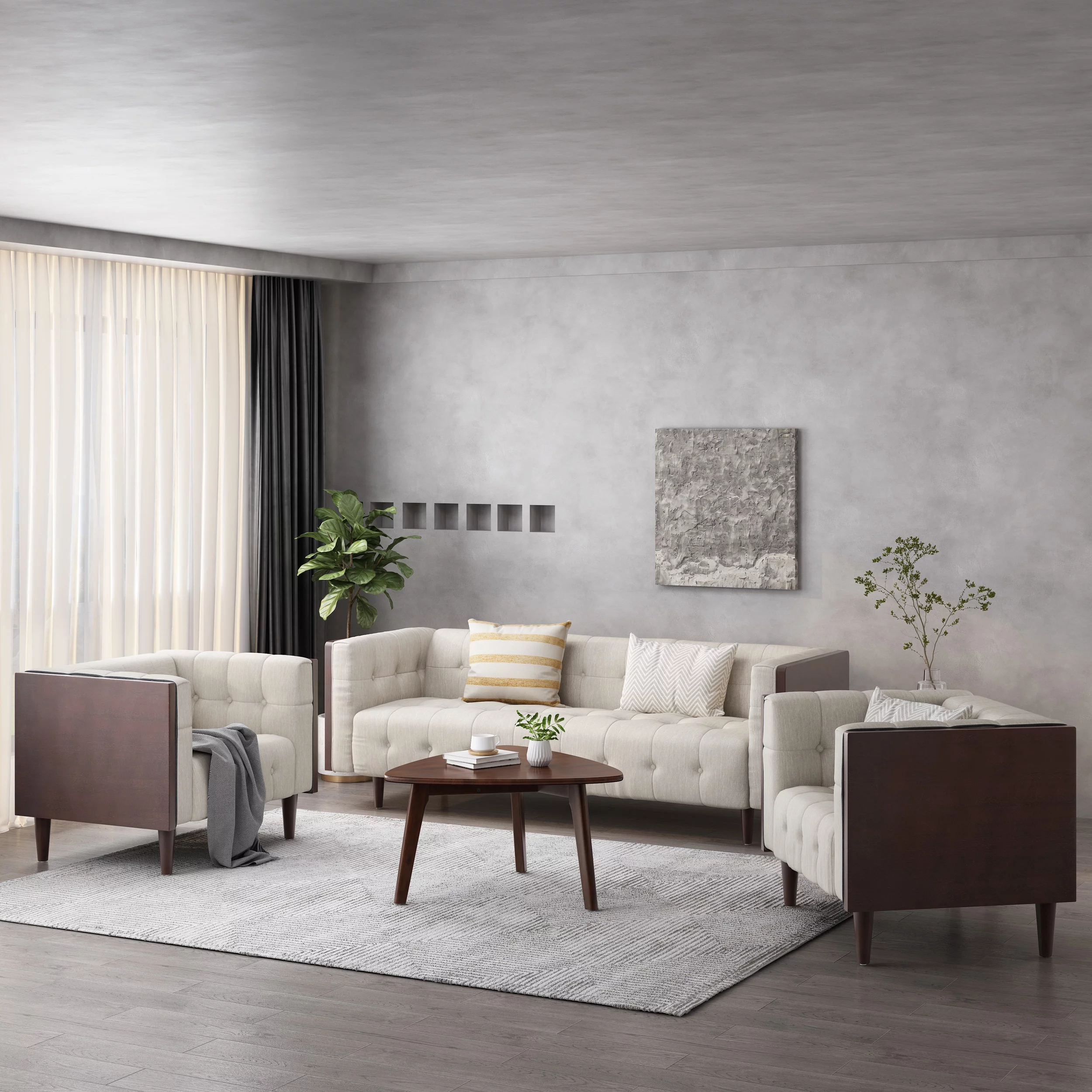 GDF Studio Croton Contemporary Fabric Tufted 3 Piece Living Room Sofa Set, Beige and Brown