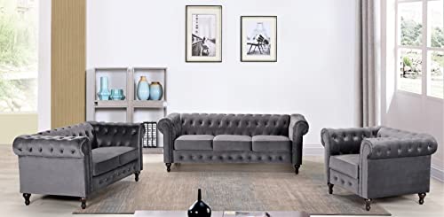 Teressa 3-Piece Velvet Chesterfield Sofa Set for Living Room, Apartment or Office, Includes Mid Century Modern Couch, Loveseat and Accent Chair, Grey