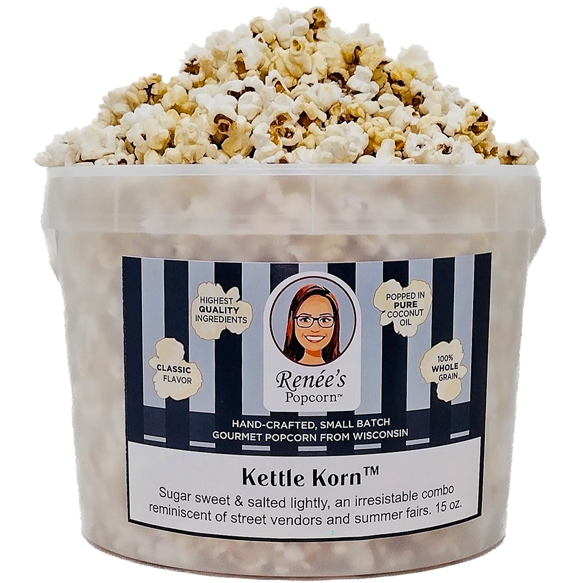 Renée’s Kettle Korn™ Gourmet Popcorn - sugar sweet, salted lightly a delightful, crispy, sweet popped fresh delightful snack or gift in 1.1-gallon plastic bucket tin, 15oz party size.
