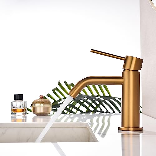 Brushed Gold Vessel Sink Faucet with Pop Up Drain and Supply Lines, Stainless Steel Gold Vanity Faucet Single Hole, JXMMP Single Handle Bathroom Faucet Gold, JXM1001BG