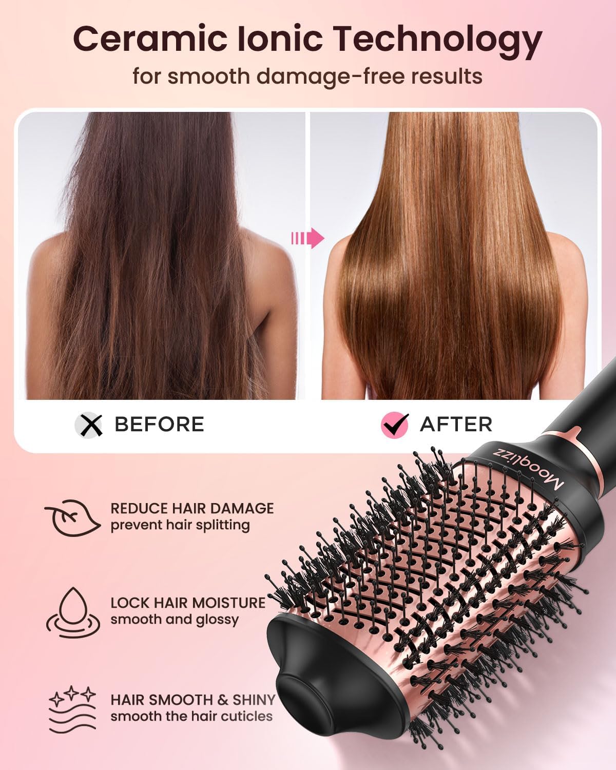 Hair Dryer Brush Blow Dryer Brush in One, Hot Air Brush Volumizer Round Brush, 4 in 1 Fast Drying Blowout Brush, Pink Black