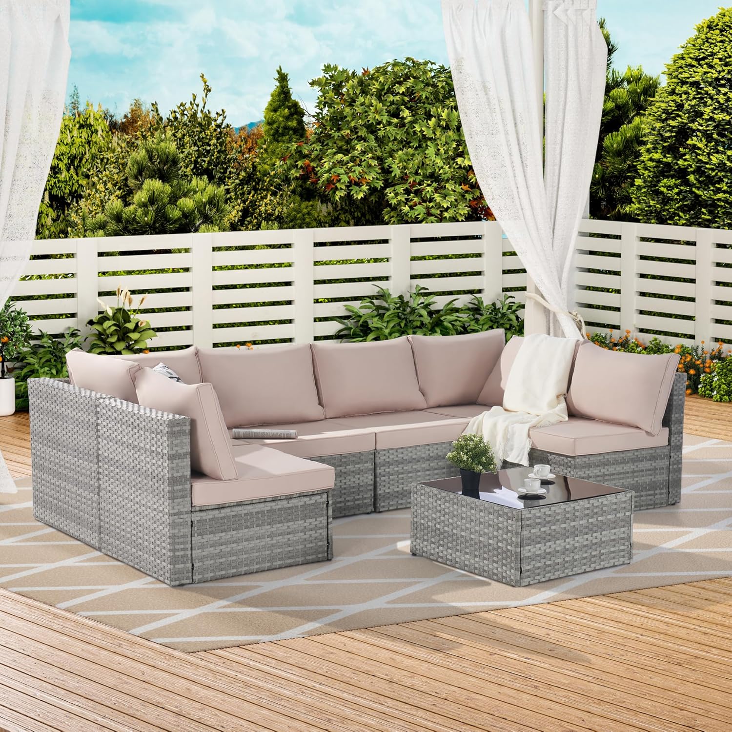 7 Piece Patio Furniture Outdoor Conversation Set, All-Weather PE Rattan Wicker Sectional Sofa w/Coffee Table & Thickness Cushion for Deck, Porch, Terrace, Beige
