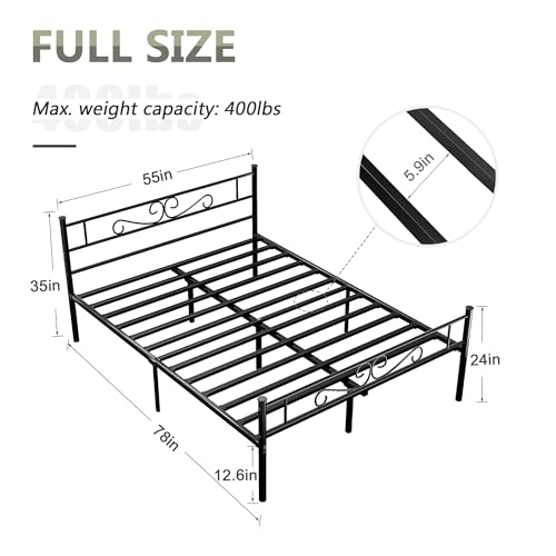 VECELO Full Size Bed Frame with Headboard, Heavy-Duty Platform with Metal Slats Support, No Box Spring Needed/Easy Assembly, Dark&Black
